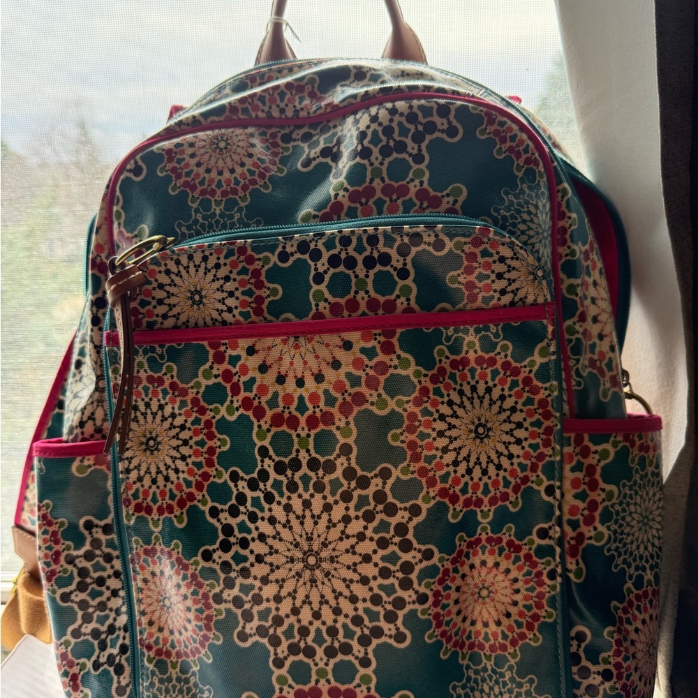 Fossil Teal Floral Mandala Backpack with Pink Trim